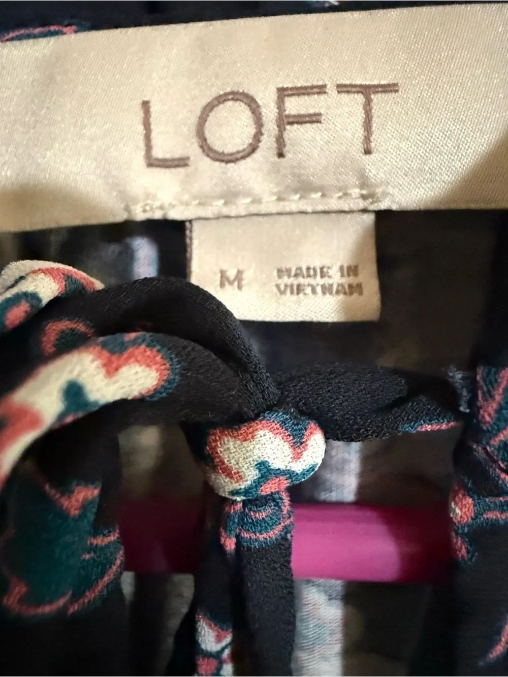 LOFT Navy Floral Ruffle Tie-Neck Blouse